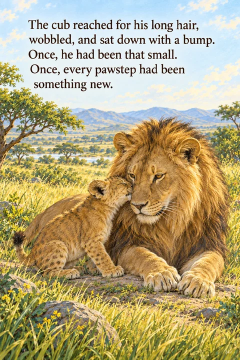 The lion, now grown, beside a new generation of cubs